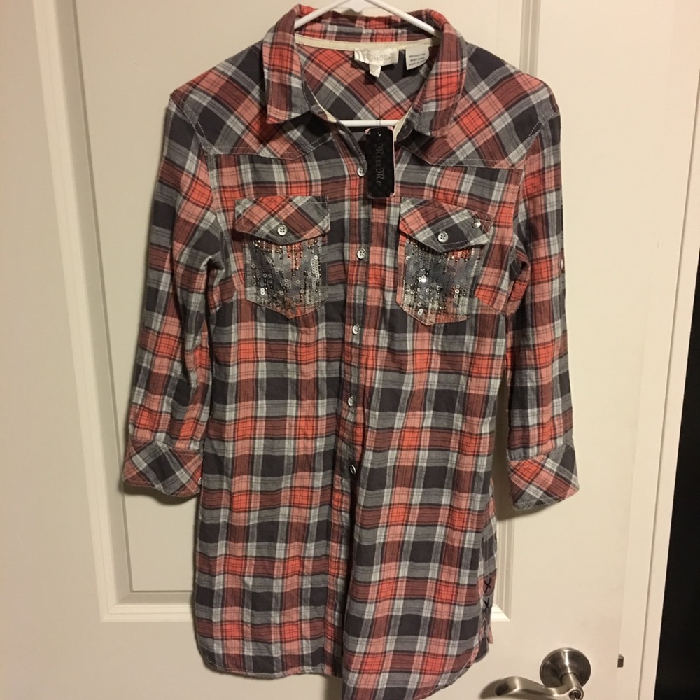 Super Cute Miss Me plaid Flannel 3/4 sleeves